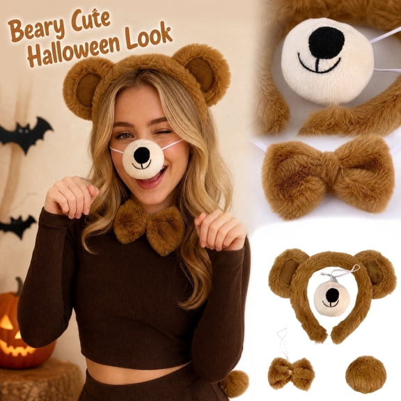 Halloween Plush Bear Costume Set Headband Nose Bow Tie Tail 4 Piece Party Accessory Kit