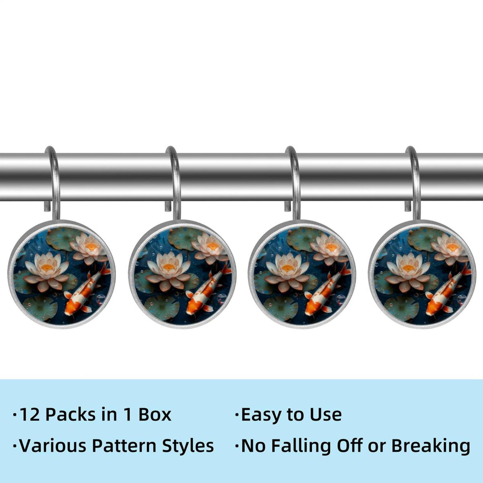 Imobaby 12 Pcs Metal Shower Curtain Hooks Rust Proof for Shower Curtain Liner - Lotus Pond Bubble Goldfish