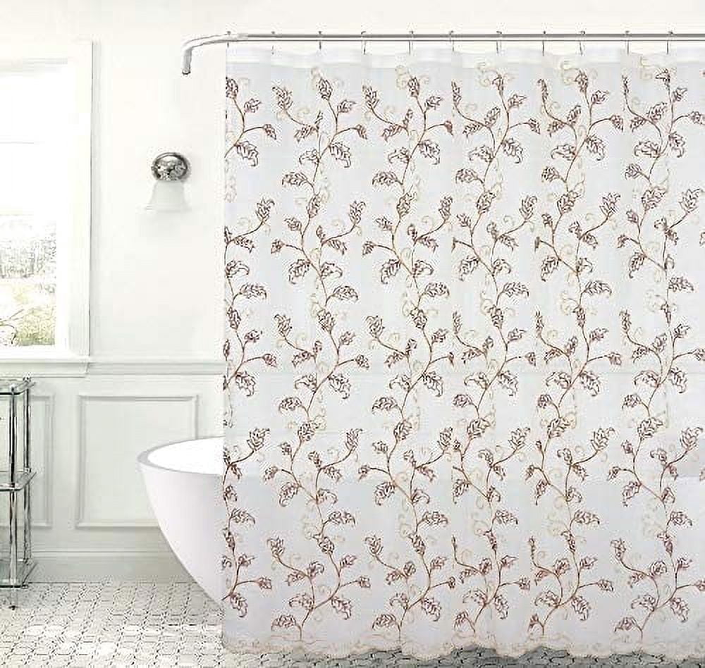 Serafina Home Decorative Sheer Fabric Shower Curtain: Two Toned Burgundy Red and Gold Embroidered Leaves with Metallic Threading