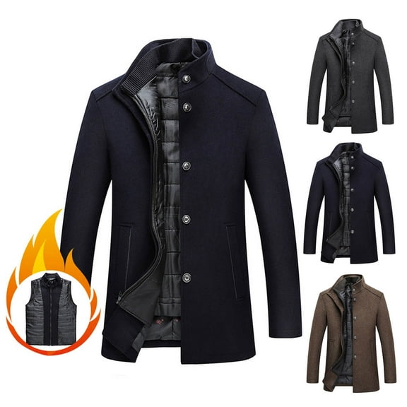 UVEASISHA Mens Trench Coat with Vest Wool Blend Mid Length Peacoat Single Breasted Stand Collar Business Casual Jacket Fall Winter Overcoat with Pockets Navy 3XL