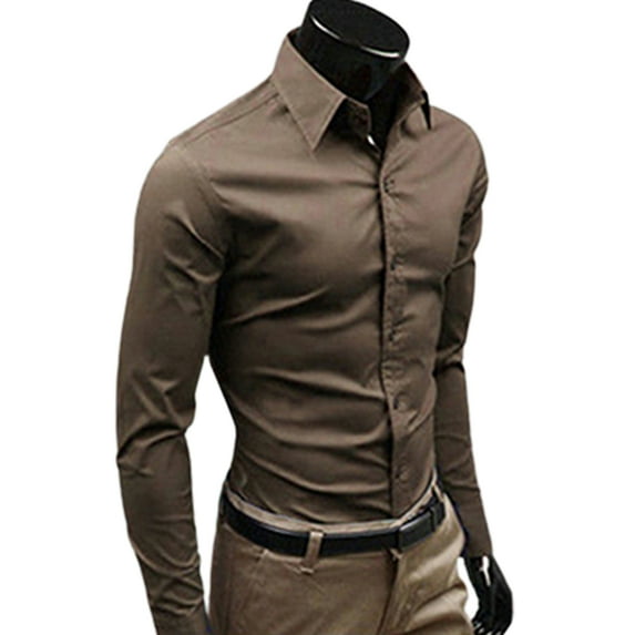 Ayyufe Men's Solid Candy Color Long Sleeve Slim Fit Dress Shirt Top Brown