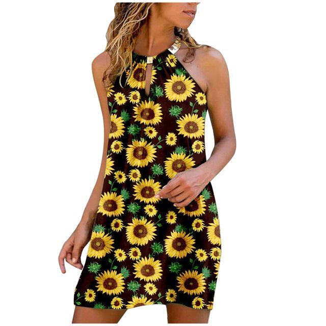 Vestido sin mangas con estampado de cuello colgante de metal a la moda informal de verano para mujer Pompotops ghjkhdj1788
