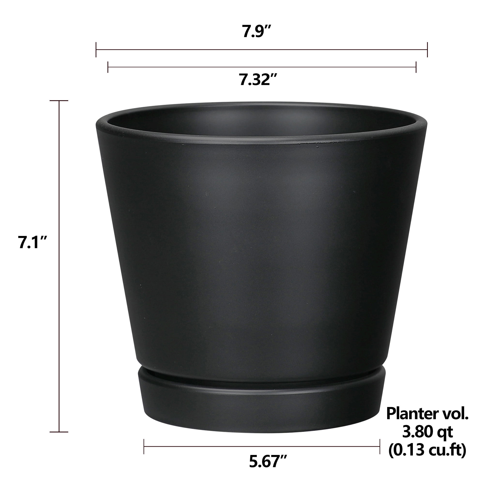 Mainstays Recycled Resin Planter with Attached Saucer, Black, 7.9 in x 7.9 in x 7.1 in