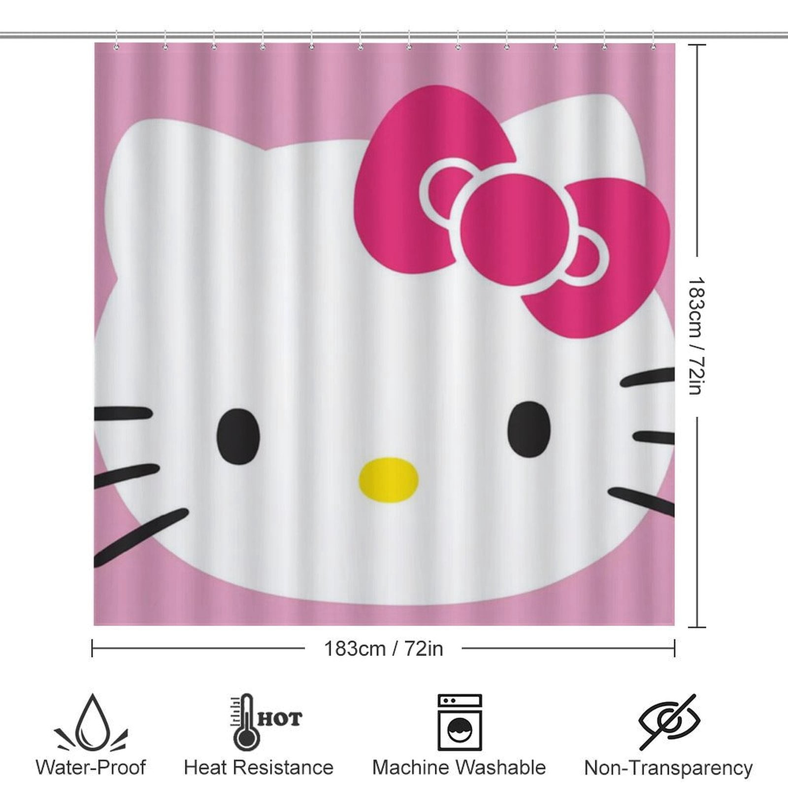4 Piece Cartoon Hello Kitty Cat Shower Curtain Sets Kawaii Accessories with Non-Slip Rug, Toilet Lid Cover, Bath Mat Shower Curtains Set for Bathroom Decor