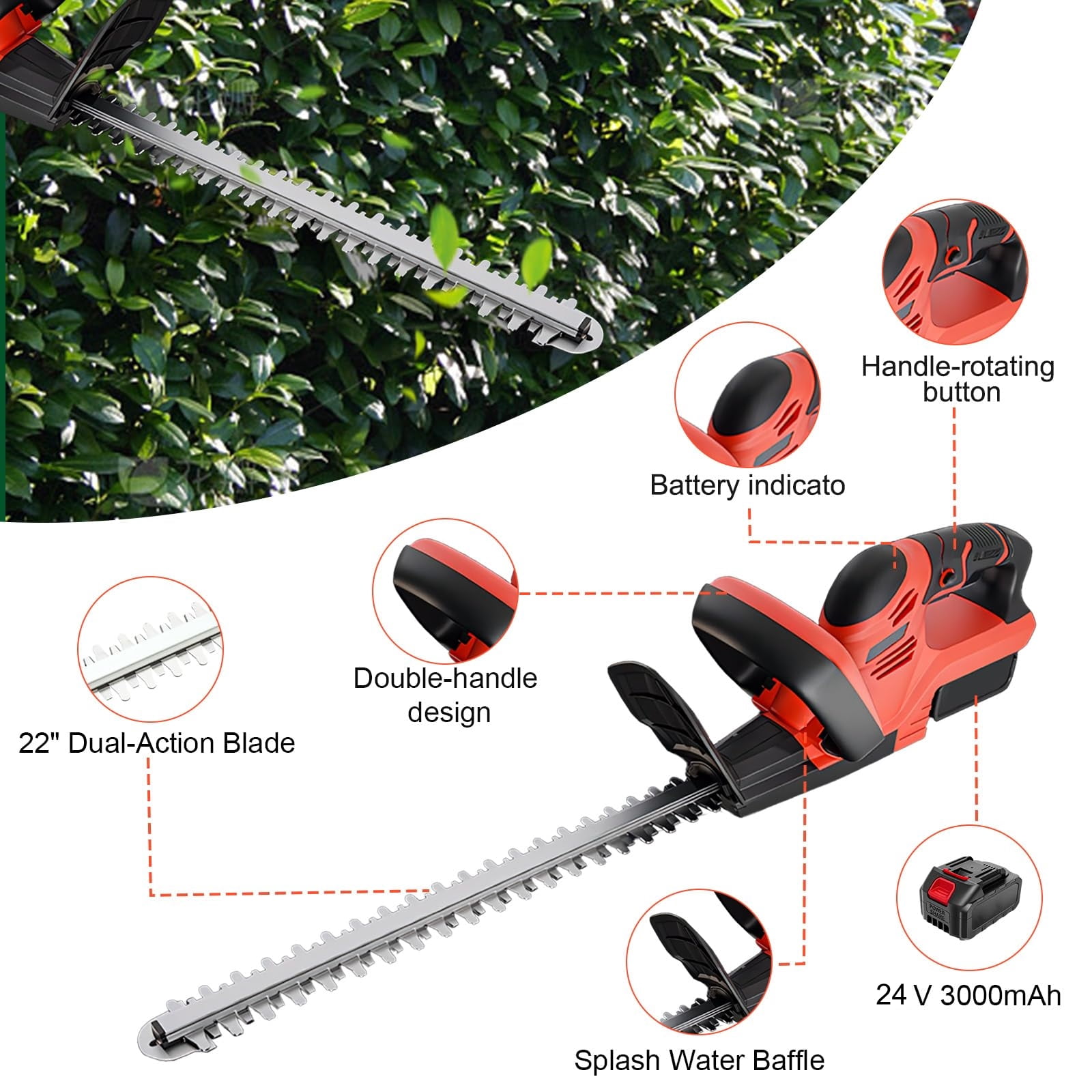 22 inch Cordless Hedge Trimmer, Electric Hedge Trimmer with 2×3.0Ah Batteries for Cutting Trimming Bushes and Shrubs