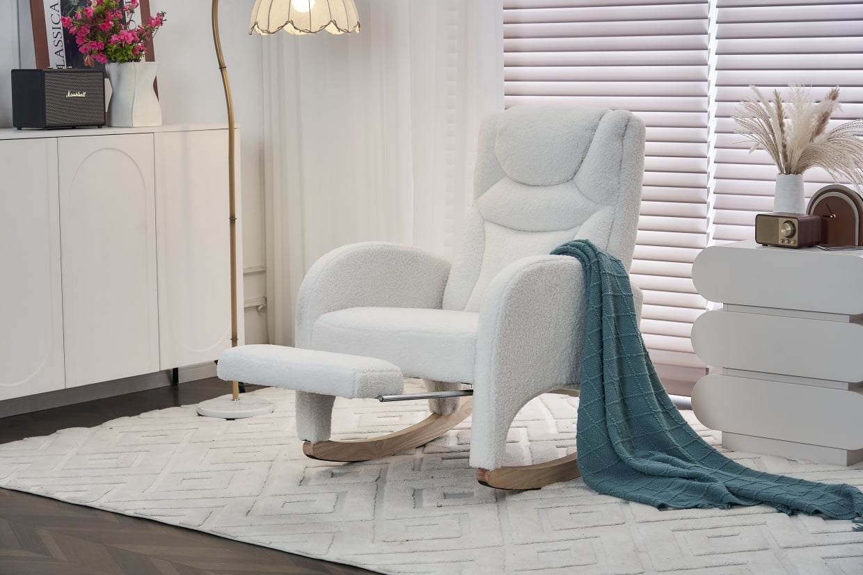 Nursery Rocking Chair with Two Side Pockets & Adjustable Footrest, Teddy Fabric Rocker with High Backrest, Modern Rocking Accent Chair for Living Room, Bedroom, Ivory