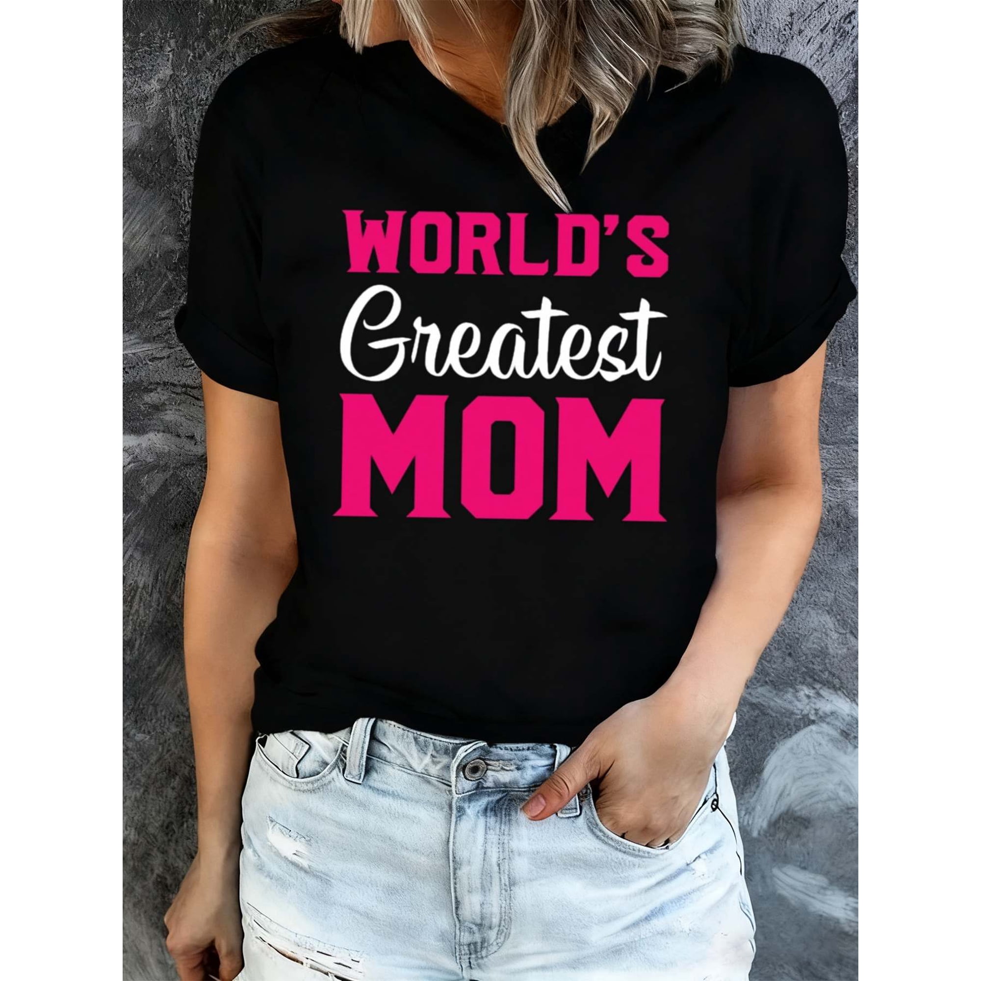 World's Greatest Mom Women's T-Shirt Retro Pink Lettering Casual Short Sleeve Black Tee Mother's Day Gift Idea