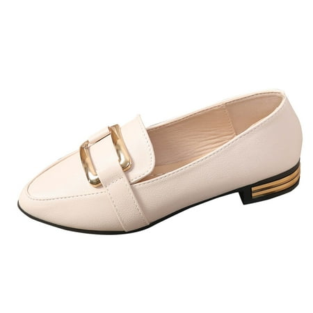 Avrnliq Womens Beige Loafers Slip On Low Block Heel with Gold Buckle Vegan Faux Leather Casual Work Shoes,Size 41