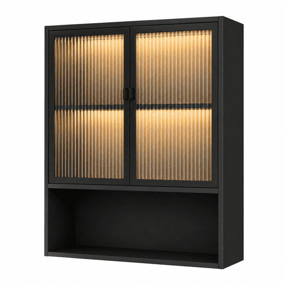 Wall Mounted Bathroom Cabinet with Glass Doors, Metal Over Toilet Storage Cabinets with Open Shelves, Medicine Cabinets for Bathroom, Living Room, Bedroom, Black