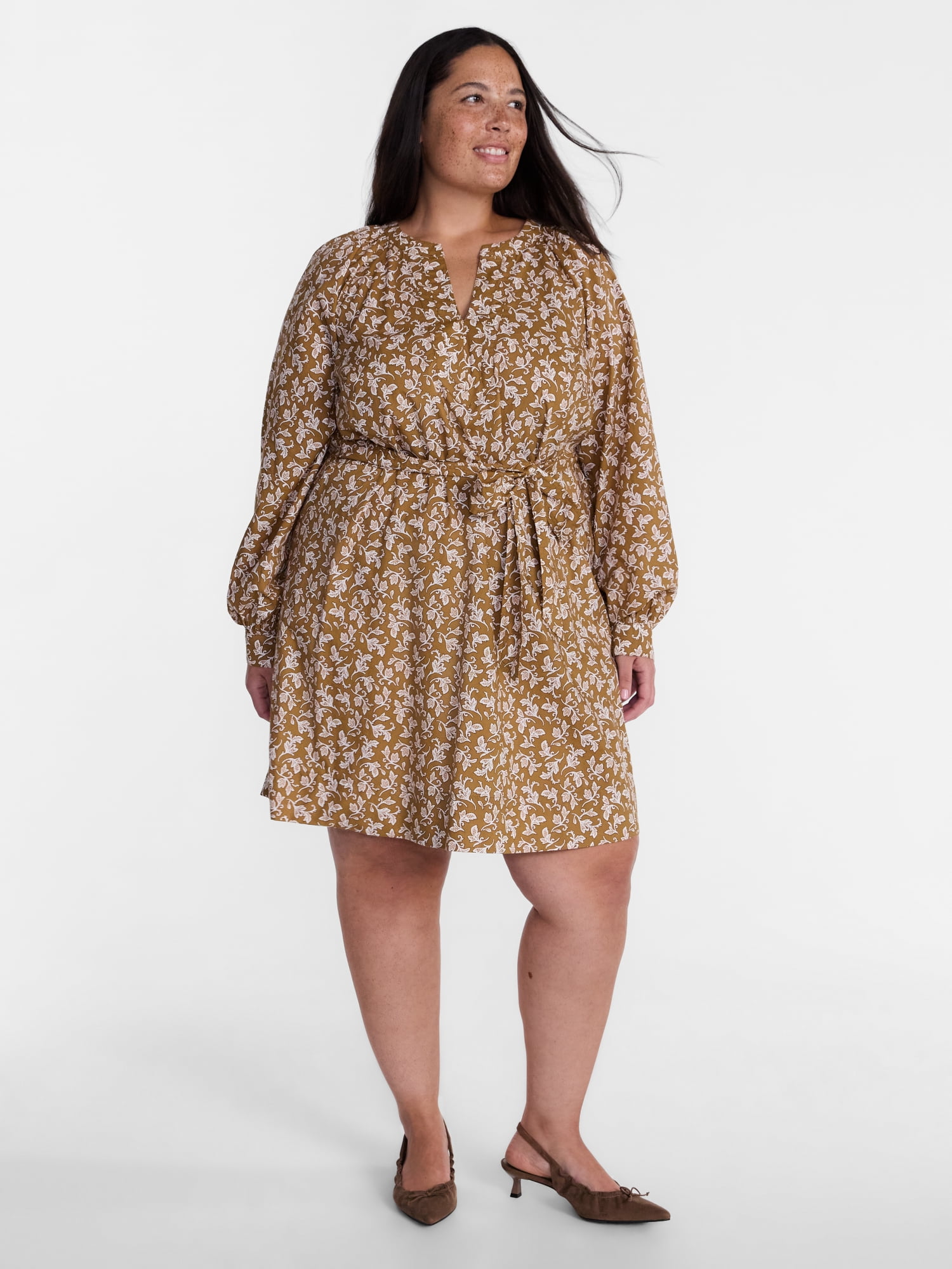 Terra & Sky Women's Plus Cotton Balloon Sleeve Tie Waist Tunic Dress, Sizes 0X-5X