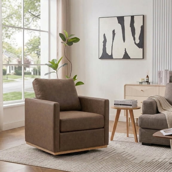 GOMYHOME 30.7" Swivel Accent Chair, Coffee PU Upholstery, Solid Wood Frame Lounge Chair