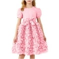 thumbnail image 1 of Vestido de manga corta con cuello redondo para niña, color liso, cuello redondo, manga corta, lazo de malla, falda informal y cómoda, vestido de poliéster para niña, 1 of 6