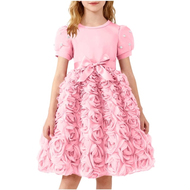 Vestido de manga corta con cuello redondo para niña, color liso, cuello redondo, manga corta, lazo de malla, falda informal y cómoda, vestido de poliéster para niña