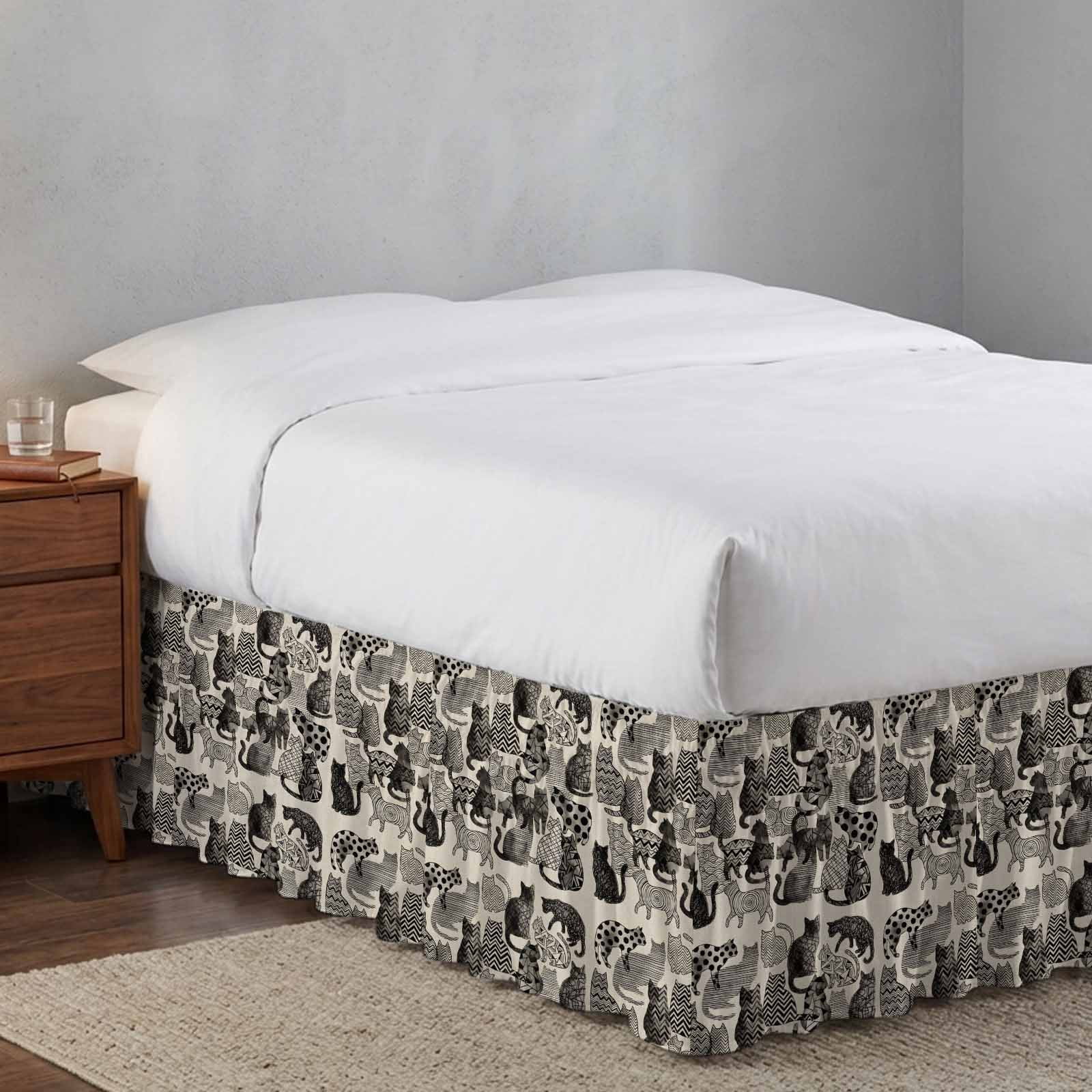 Bed Skirt Abstract Cat Vintage Adjustable Elastic Wrap-Around Dust Ruffle with Geometric Wave Dot Line Cat Memphis Art 18 Inch Drop, Bed Frame Cover for King Size Bed