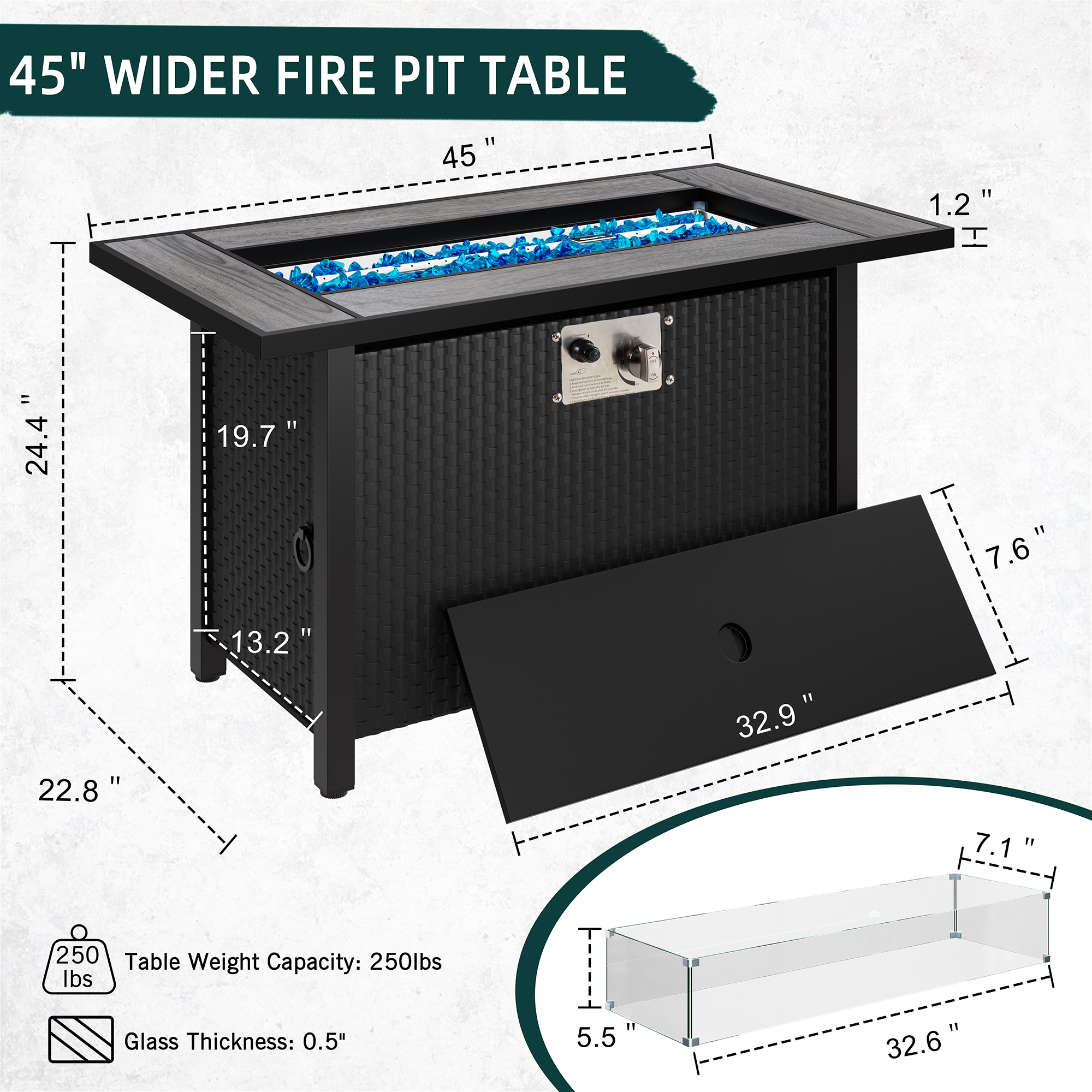 Walsunny 45" Propane Fire Pit Table 50,000 BTU Steel Gas Fire Pit with Removable Lid & Waterproof Cover and Tables - image 3 of 9