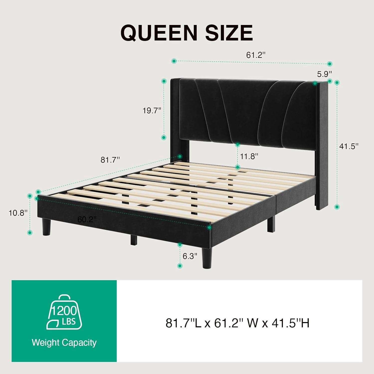 Novilla Queen Size Bed Frame, Queen Bed Frame with Headboard, Velvet Upholstered Wing Side Headboard, No Box Spring Needed, Heavy Duty Feet, Easy Assembly, Black Velvet