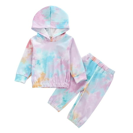 

LYXSSBYX Two Piece Sets Clothing Infant Baby Girls Long Sleeve Rainbow Tie-Dyed Hooded Tops+Pants Scarf Out s