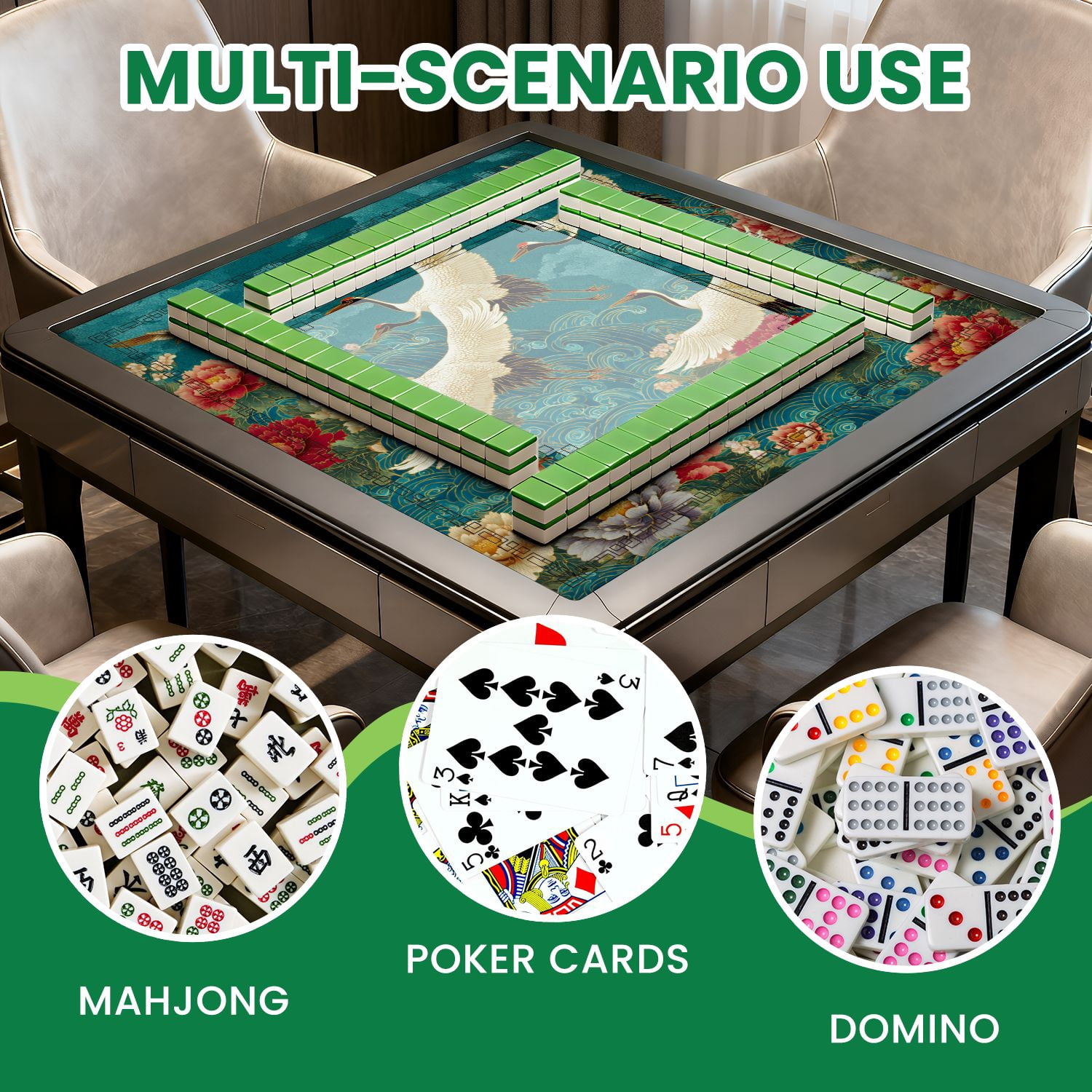 Mahjong Mat 31.5" x 31.5" Japanese seamless crane birds elements Asian Non-Slip Noise Reduction American Mahjong Tiles Table Cover for Dominoes Poker Card Board Games Gift