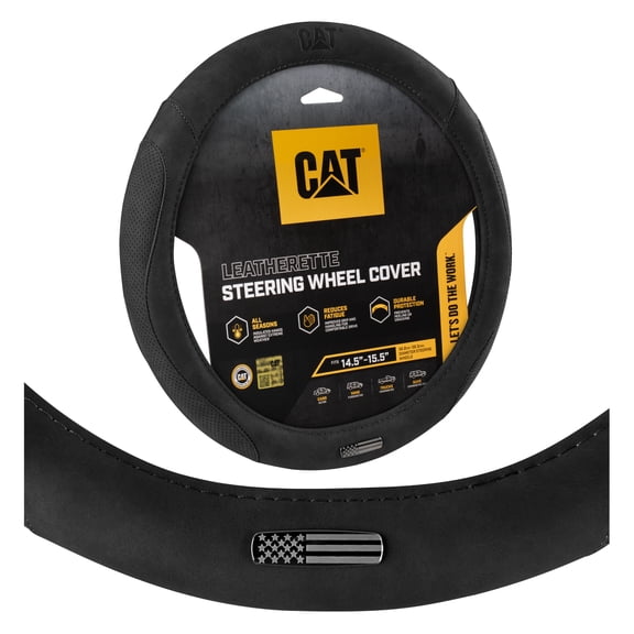 Cat® Honor Line Flux Leather Steering Wheel Cover w Metal Flag Emblem, Black Leatherette, Standard 14.5–15.5 Inch, Non Slip Comfort, Car Steering Wheel Cover for Auto Truck SUV, Car Accessories
