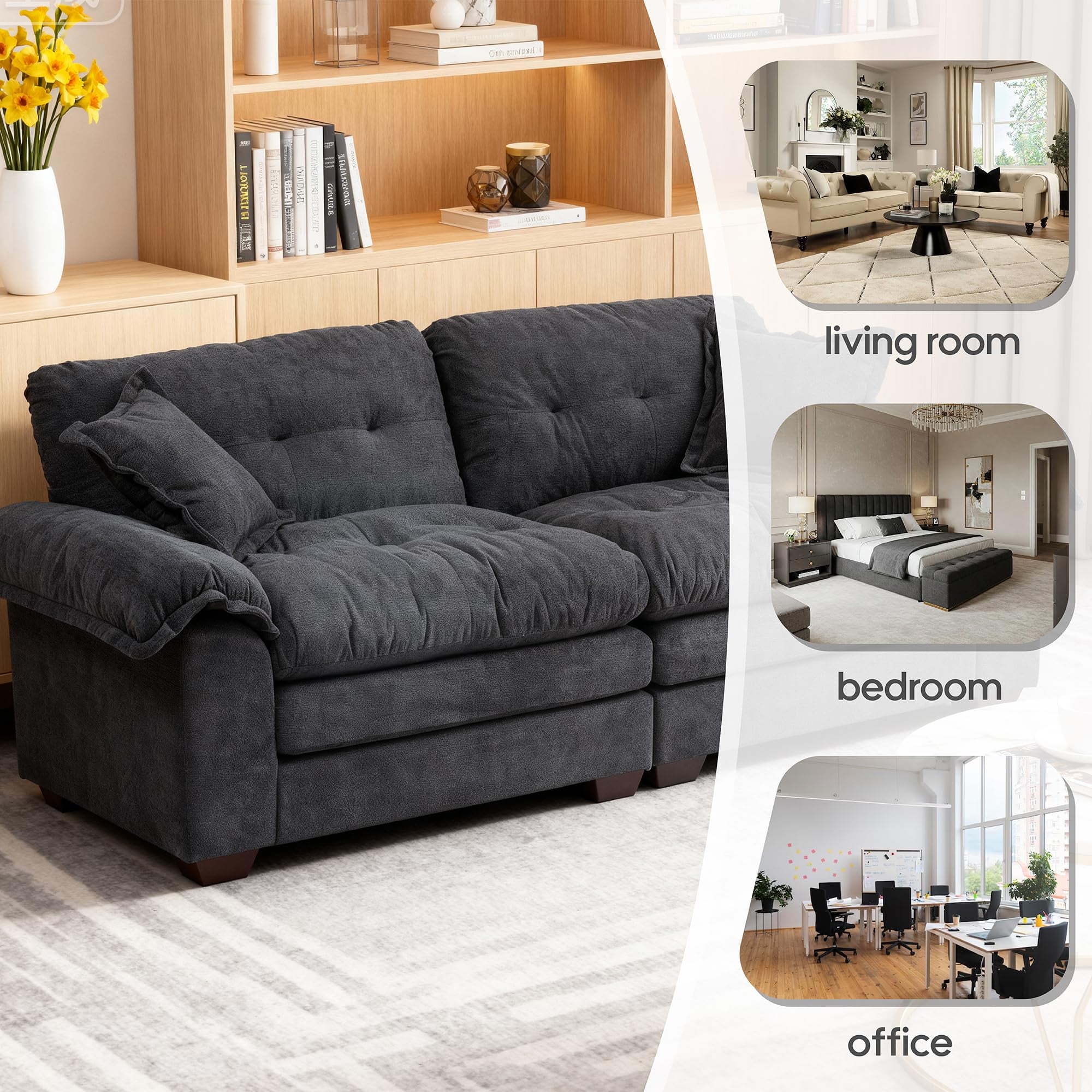 Modern 84" Chenille Loveseat Sofa, Ultra-Comfy Upholstered Couch with 2 Pillows for Apartment, Living Room, Bedroom, or Home Office​​ (Black)