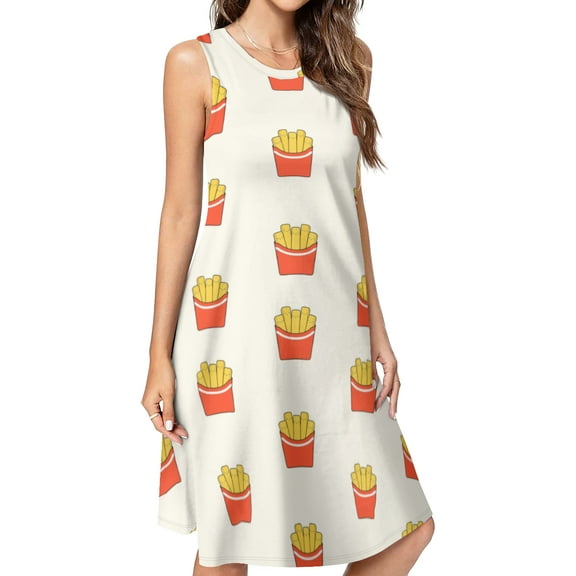 Fast food french frie Spring Summer Dresses for Women Fashion T-shirt Dress Casual Sleeveless Loose Sundress with Pockets