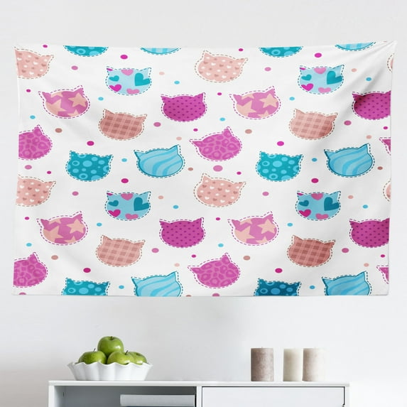 Feminine Tapestry, Pattern with Funny Doodle Elements Bowtie Ladybird Diamond and Kitty, Fabric Wall Hanging Decor for Bedroom Living Room Dorm, 2 Sizes, Fuchsia and Blue, by Ambesonne