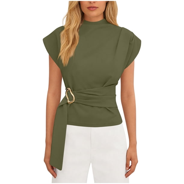 Camisas de Manga Corta para las Mujeres Casual V-Cuello Plegado Vendaje Suéter Blusa, Ligero Top de Verano