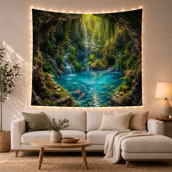 Koi in a Turquoise Cave Pool under Waterfalls, Serene Fantasy for Nature Lovers, Tropical Forest Decor, Housewarming Gift, Tapestry Wall Hanging for Bedroom and Living Room