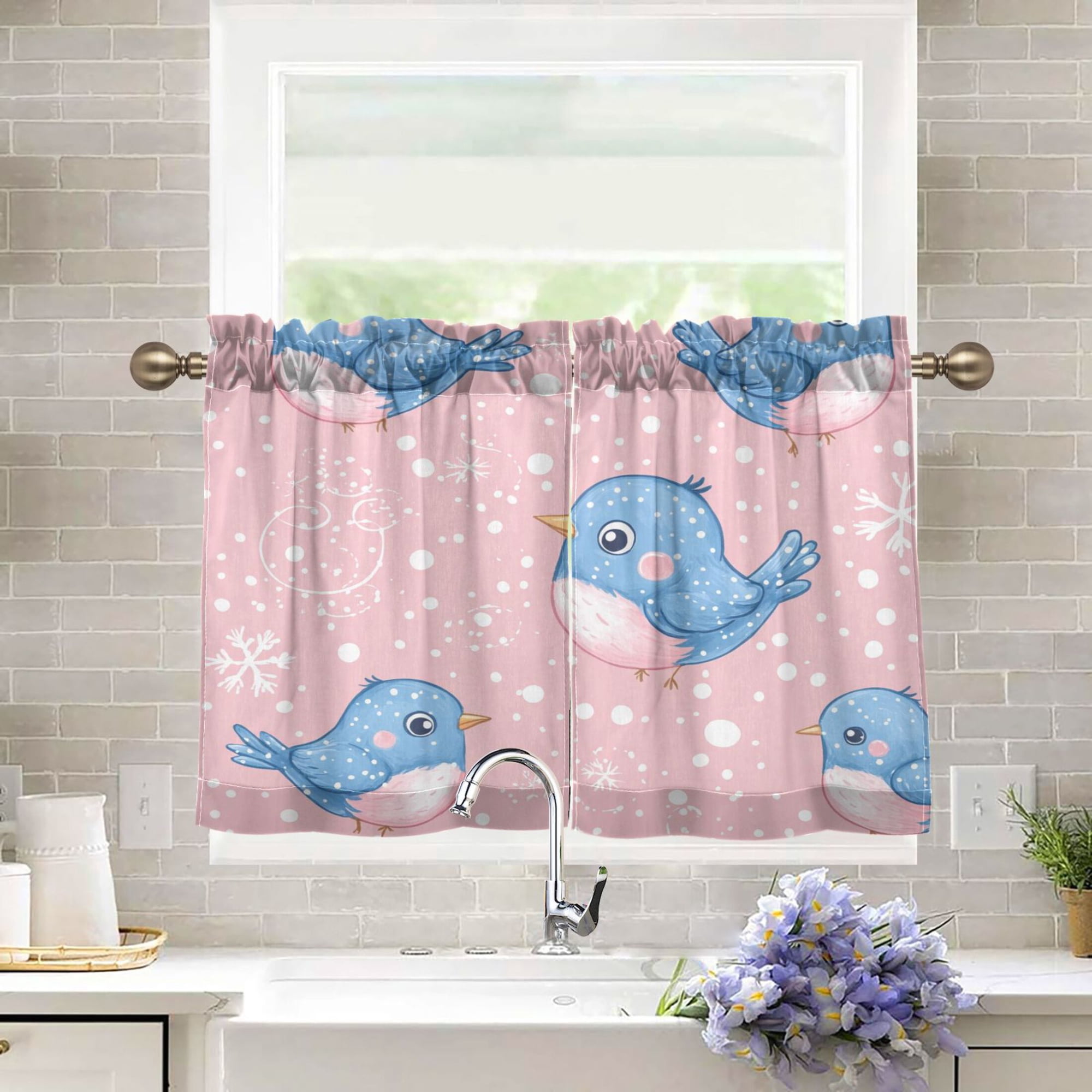 BZSMCE Set of 2 Pieces Kitchen Window Curtain Fashion Whimsical Winter Blues Printed 27x24in/27x36in