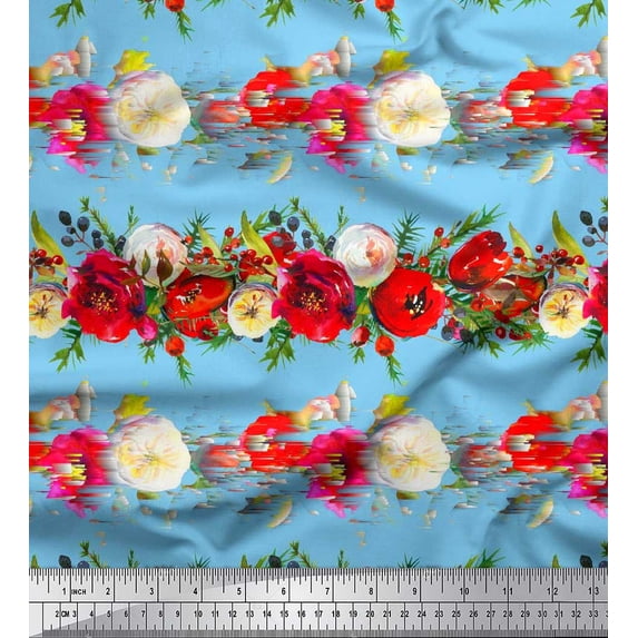 Soimoi Blue Viscose Chiffon Fabric Leaves & Ranunculus Floral Print Fabric by the Yard 42 Inch Wide