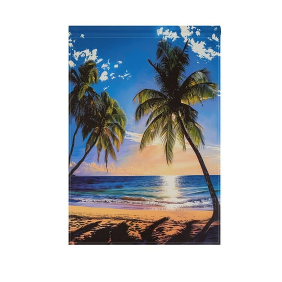 Palm Tree Beach with Sunset Garden Flag House Banner 12" x 18" Double Sided Outdoor Yard Decoration