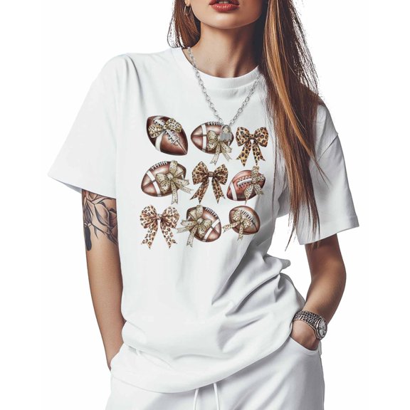 T Shirts for Women Short Sleeve Cotton Crewneck T-Shirt, American Football Leopard Print Bow Tee Tops Casual Basic T-Shirts, XS-5XL White L