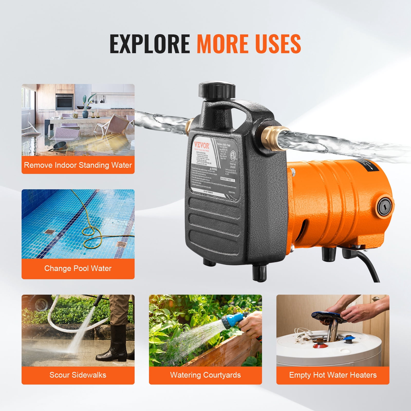 VEVOR Cast Iron Water Transfer Pump, 115V AC 1600 GPH 1/2HP, Portable Electric Utility Pump with Carbon Brush, Filter, Brass Connectors, for Garden, Rain Barrel,Pool,Pond,Hot Tub,Aquarium Draining