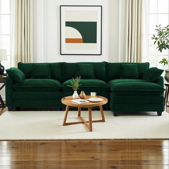 Gexpusm L-Shaped Sectional Sofa, 111" Corduroy Couch, 4 Seat Lounge Sleeper with Ottoman for Living Room ,Green