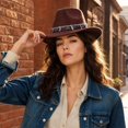 thumbnail image 5 of Qwertyu Wide Brim Western Cowboy Cowgirl Hat with Wind Lanyard Felt Fedora Hat for Men Women Coffee, 5 of 6