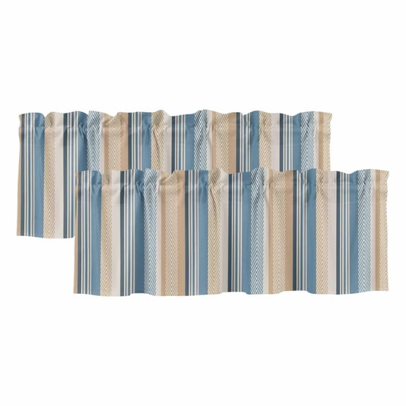 Blue Brown Beige Curtain Valances for Windows, Kitchen Valance Window Treatments Panel 2 Pack, Boho Farmhouse Abstract Stripes Art Rod Pocket Short Curtains for Bathroom Bedroom 42 x 18 Inch