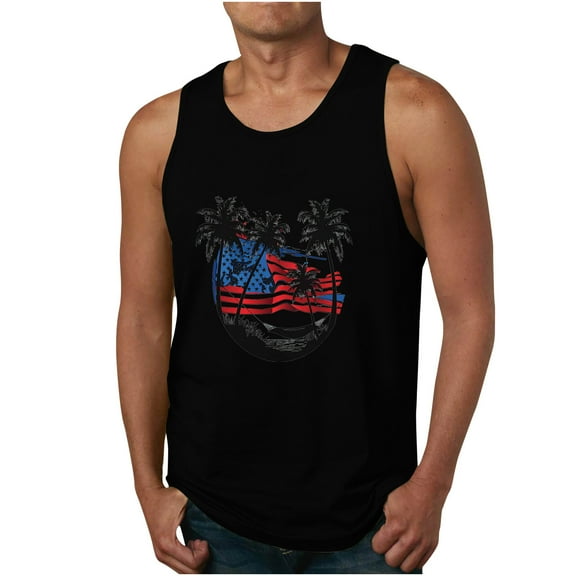 ibuvkizy Men's 4Th Of July USA Shirts Shirt Short Sleeve American Flag T-Shirt Men's Print Tank Top Casual Sports Sleeveless Round Neck T-shirt Tank Top Summer Patriotic Graphic Tees
