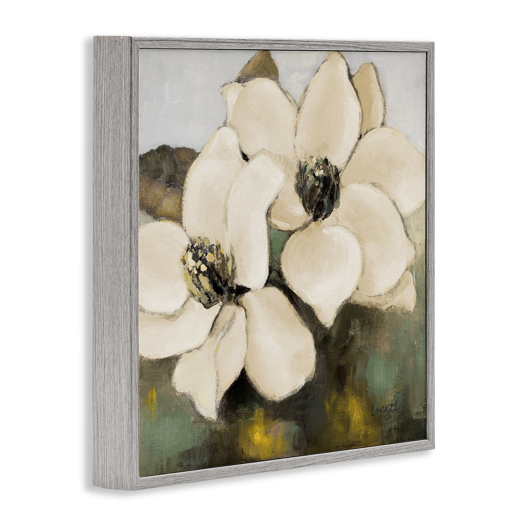Stupell Industries Magnolia Blossom Duo Botanical & Floral Painting Gray Framed Art Print Wall Art, 12 x 12