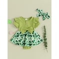 thumbnail image 2 of EYIIYE Combinaison de Festival Irlandais pour Bébé Fille, Nouveau-Né, Robe Barboteuse à Manches Courtes, Col Ras du Cou, Imprimé Trèfle, Patchwork, Justaucorps Côtelé, Robe avec Bandeau, Ensemble de Vêtements Décontractés Mignons pour Petite Fille au Quotidien, 2 of 9