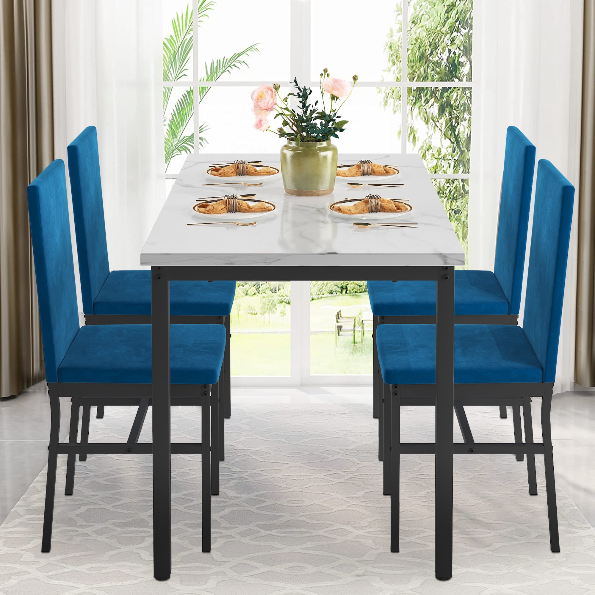 UHOMEPRO 5 Pieces Dining Table Set, Marble Top Dining Table and Chairs Set for 4, Blue Sturdy Iron Frame Dining Room Table Set with 4 Velvet Upholstered Chairs for Small Dining Room