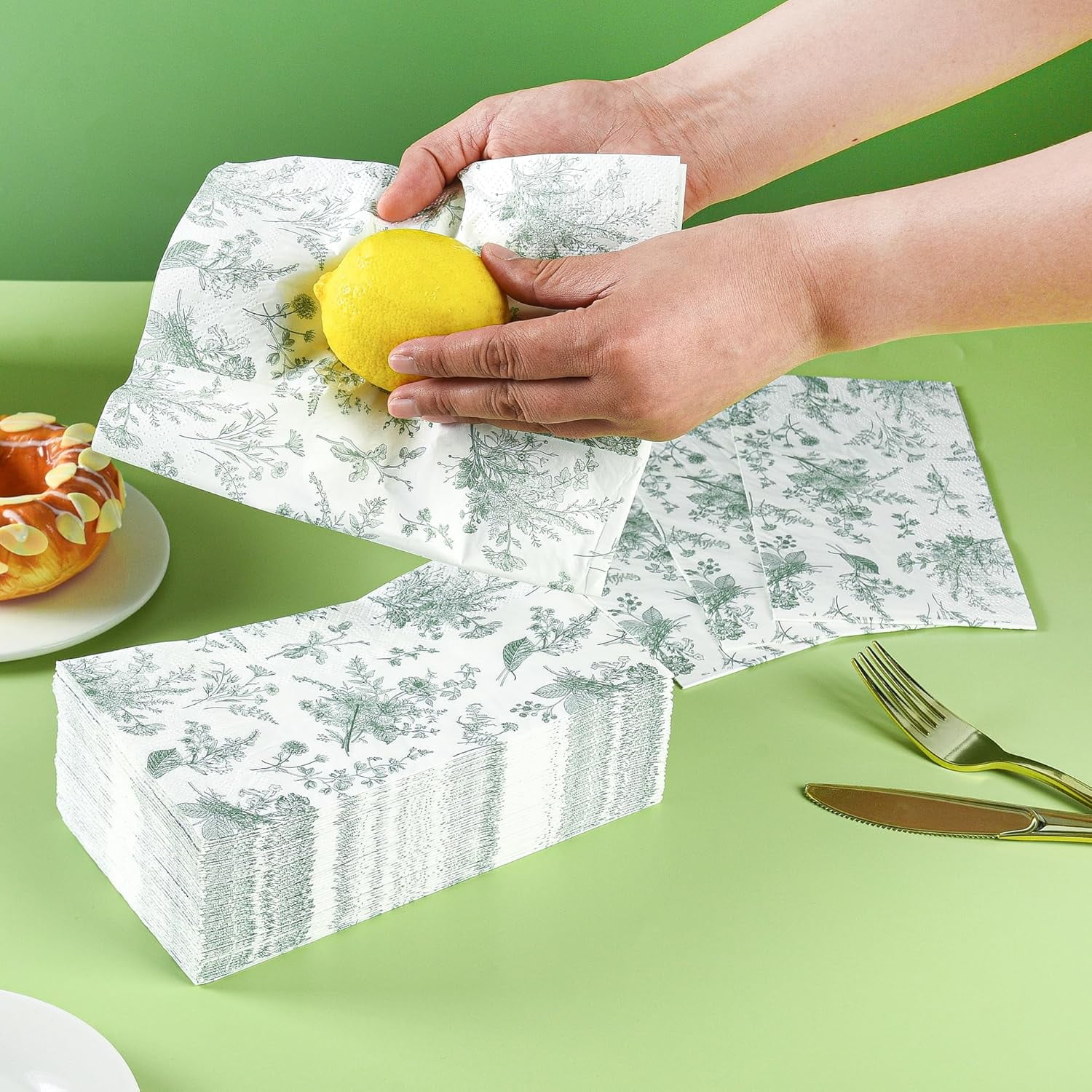 100 Floral Guest Napkins Sage Green White Toile Disposable Paper Napkins Flower Bathroom Hand Towels for Tea Party Christmas Bridal Baby Shower Party Supplies
