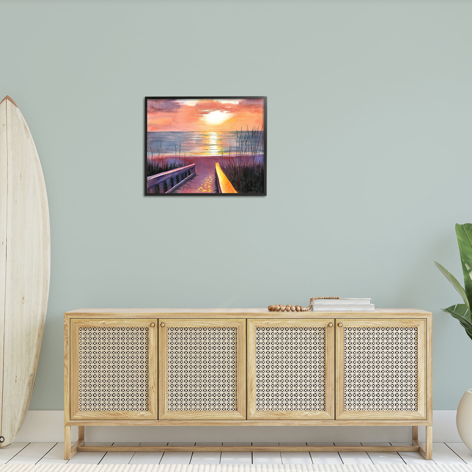 Stupell Industries Sunlit Beach Pathway Landscape Painting Black Framed Art Print Wall Art, 30 x 24