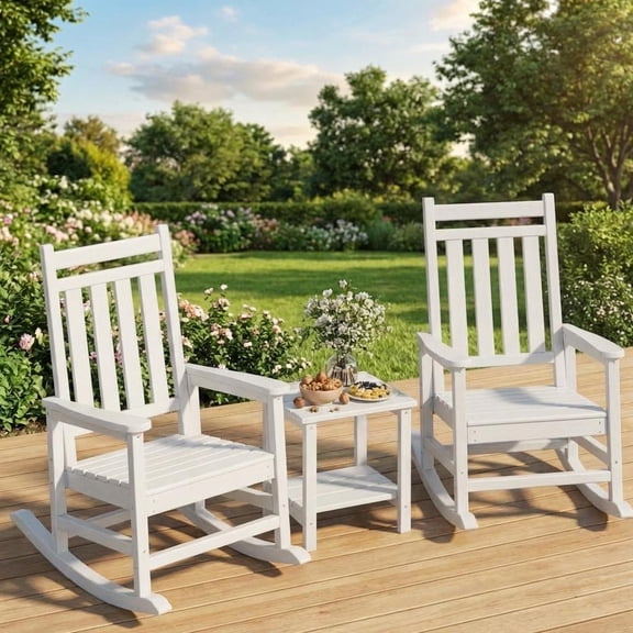 Outdoor High Back Rocking Chair, HDPE Poly Porch Rocker for Adults, All Weather Resistant Black Patio Furniture, White, 2 Chairs 1 Tea Table