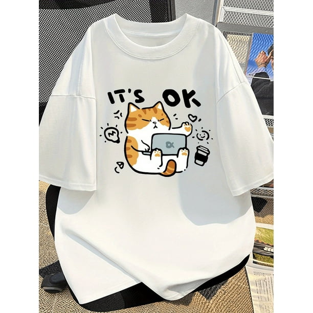 Breathable Cotton Short Sleeve Tee - Men's Casual Loose Fit T-Shirt with Cute Cat Print for Summer, Casual Sporty Tee, Summer Gifts