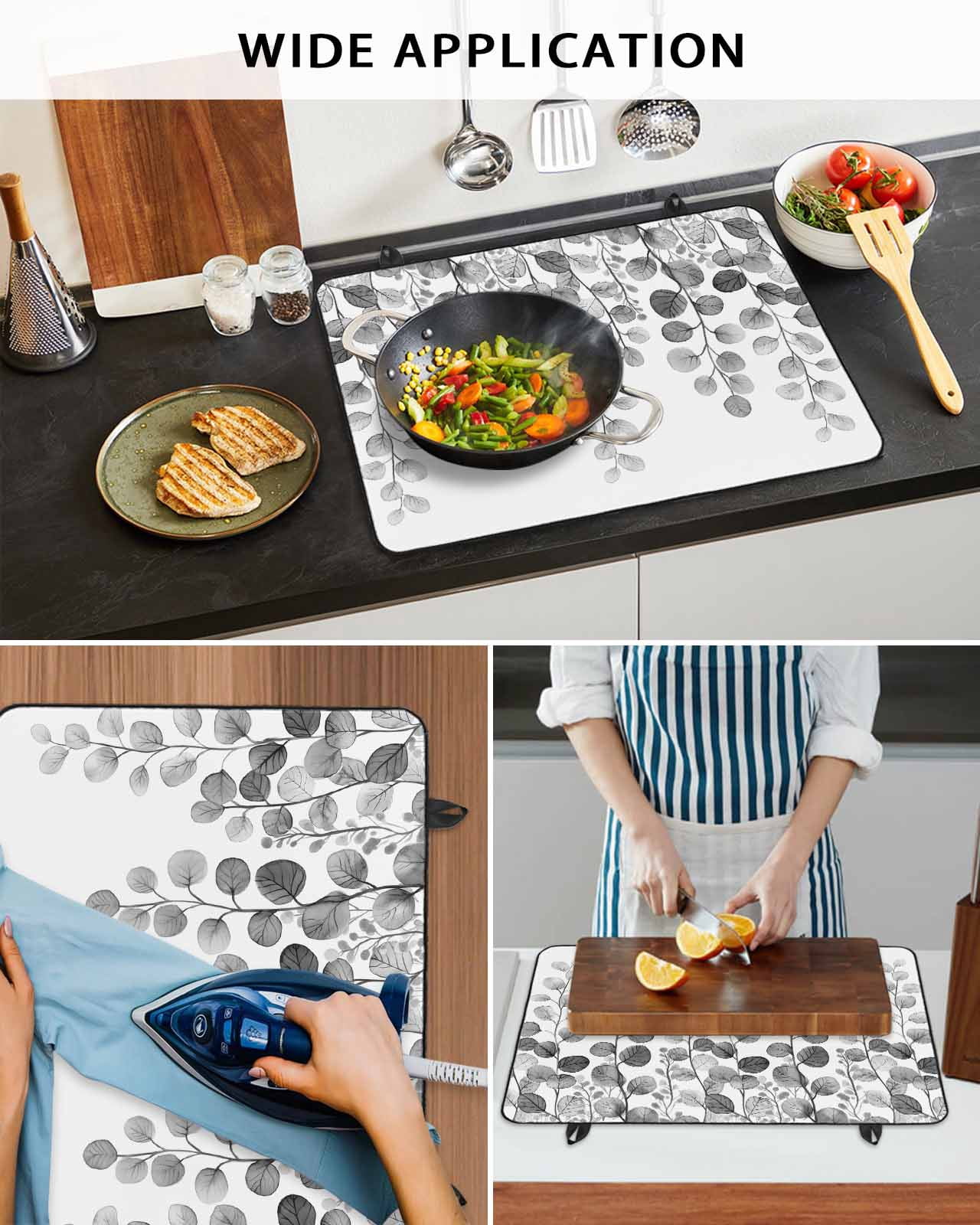 nqOlkjepod Large Induction Cooktop Protector Mat 24"x21", Gray Eucalyptus Leaves Stove Top Covers for Electric Stove, Watercolor Floral Leaf Plants Stove Burner Cover Mats, Glass Top Stove Cover