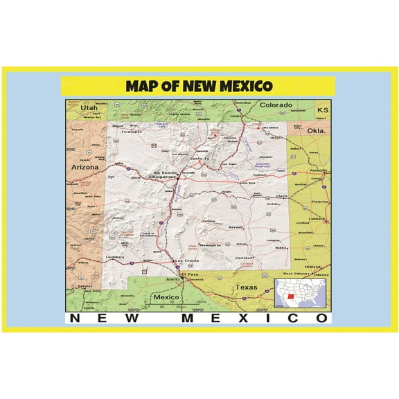 Map of New Mexico Style C - Laminated Wall Map Poster Print Perfect for Classrooms and Homes - Vivid Imagery with Bright Colors - 18x24