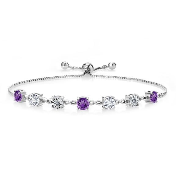 Gem Stone King 2.44 Ct Round Purple Amethyst and E-F Lab Grown Diamond 925 Sterling Silver Tennis Bracelet for Women (Fully Adjustable up to 9 inch)