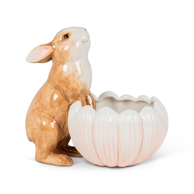 Abbott Collections AB-27-TEAPARTY-301 6.5 in. Rabbit with Flower Planter, Pink & Brown