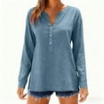 thumbnail image 6 of Lenpel Women's Cotton Linen Tops Trendy Long Sleeve V Neck Quarter Button Side Split Casual T Shirts Loose Tunic Blouses(Navy,X-Large), 6 of 7