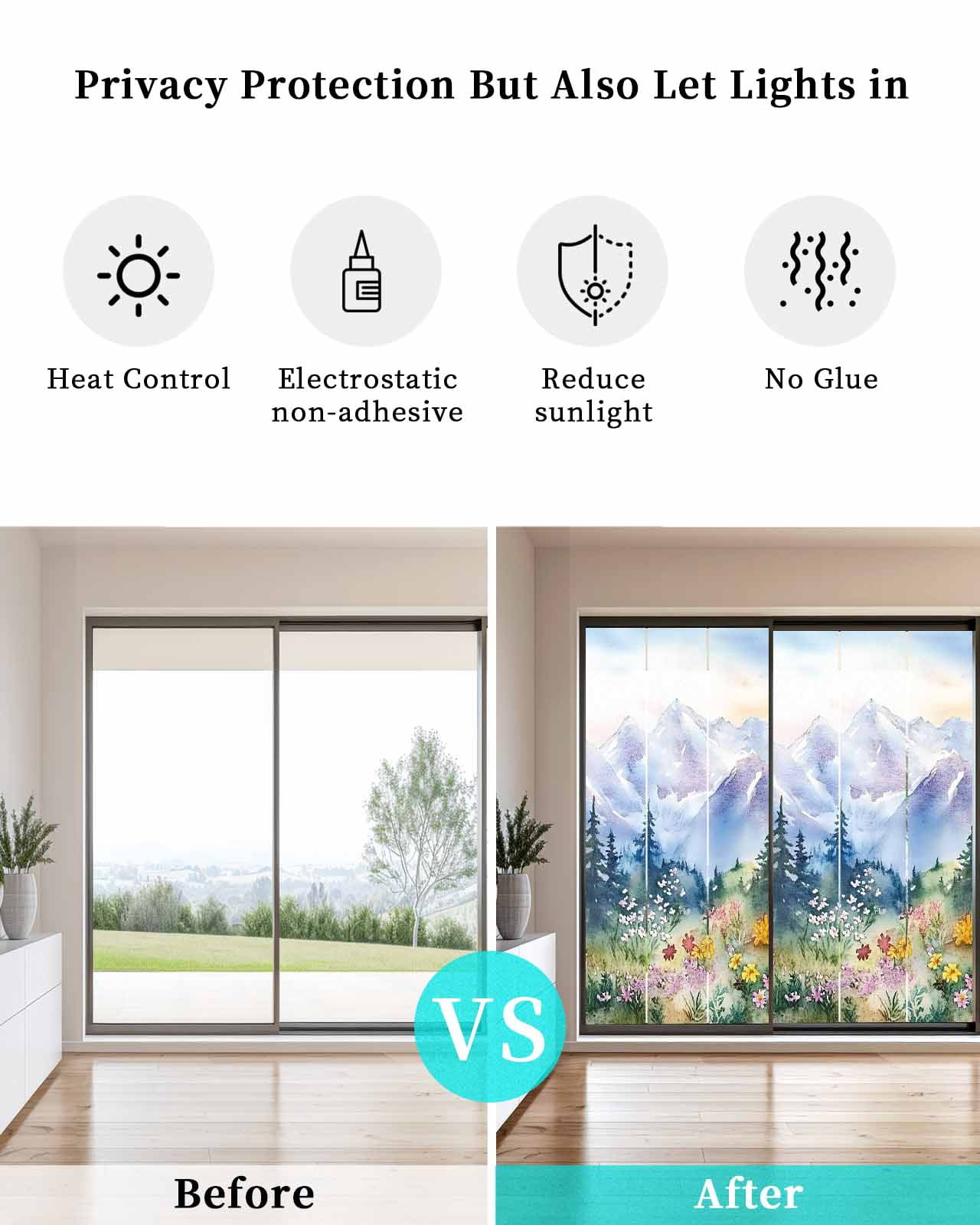 Window Privacy Film Forest Mountains Stained Glass Window Film Decorative Sun Block Window Cover Watercolor Natural Flower Tree Window Clings Static Adhesive Sticker for Bathroom 23.6"x59"